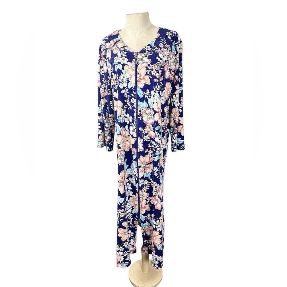 Miss Elaine Relax zip front robe housecoat size Large blue floral 3/4 sleeves